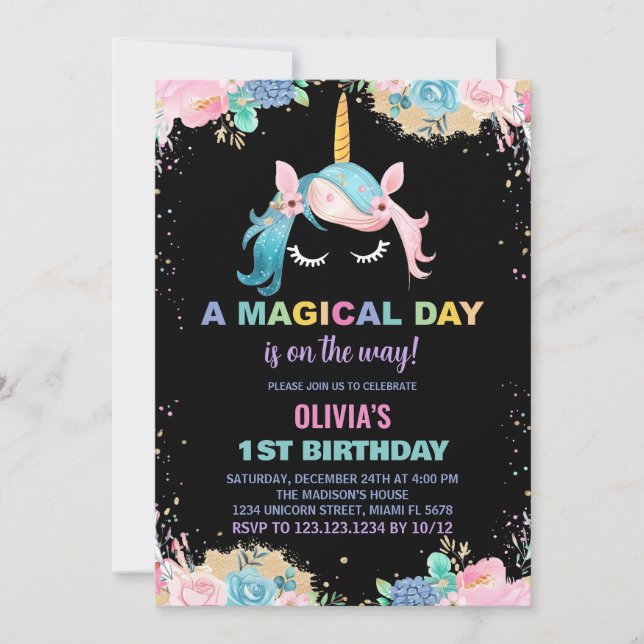 Blommigt Gillter Unicorn Birthday-inbjudningar Inbjudningar (Framsida)