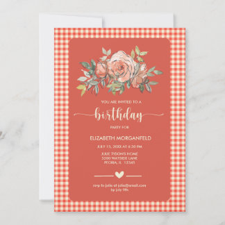 Blommigt Gingham Play Grattis på födelsedagen Part Inbjudningar