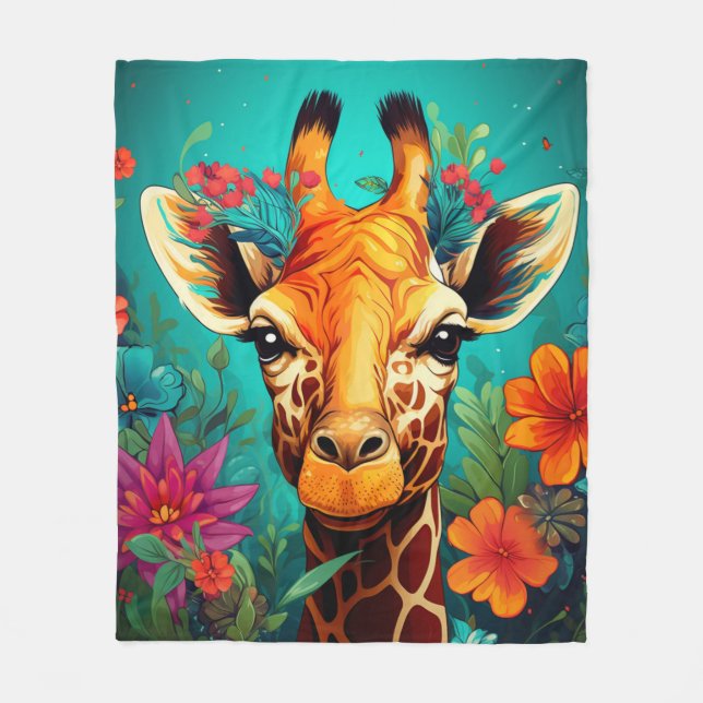 Blommigt Giraffe Porträtt-9319 Fleecefilt (Framsidan)