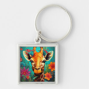 Blommigt Giraffe Porträtt-9319 Fyrkantig Silverfärgad Nyckelring