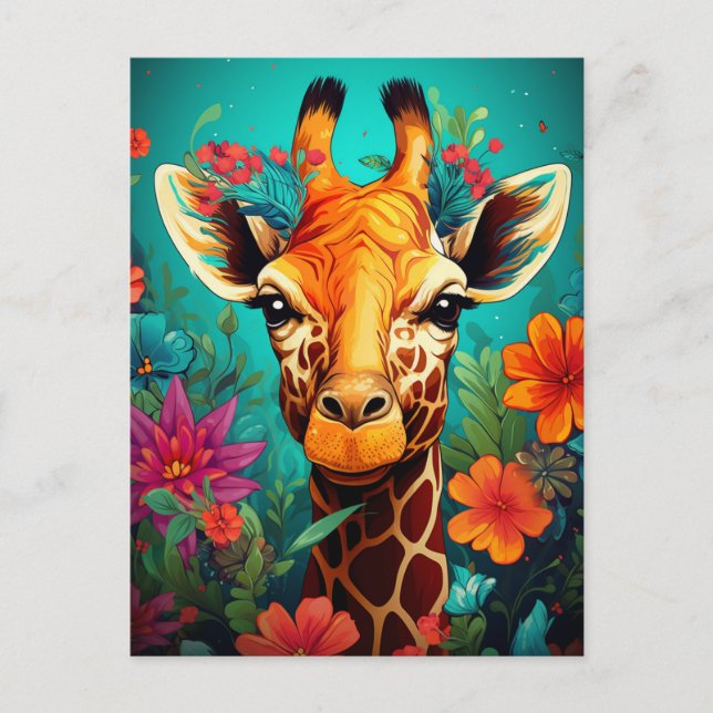Blommigt Giraffe Porträtt-9319 Vykort (Framsida)