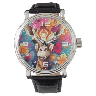 Blommigt Giraffe Porträtt-9320 Armbandsur