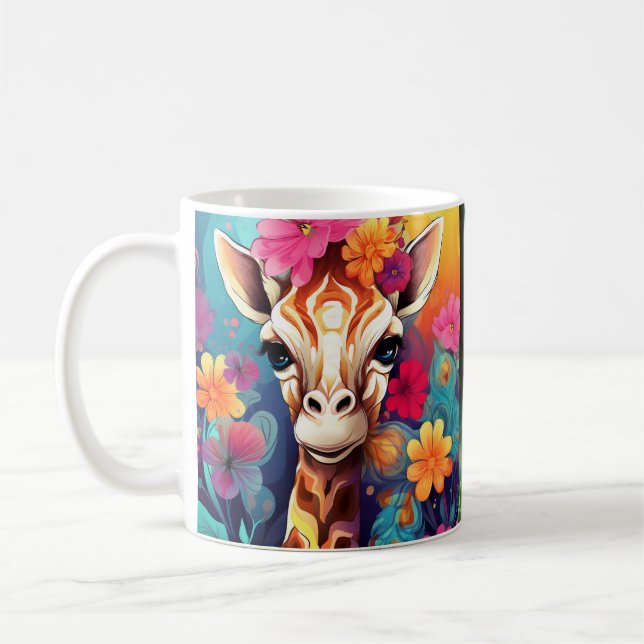 Blommigt Giraffe Porträtt-9320 Kaffemugg (Vänster)