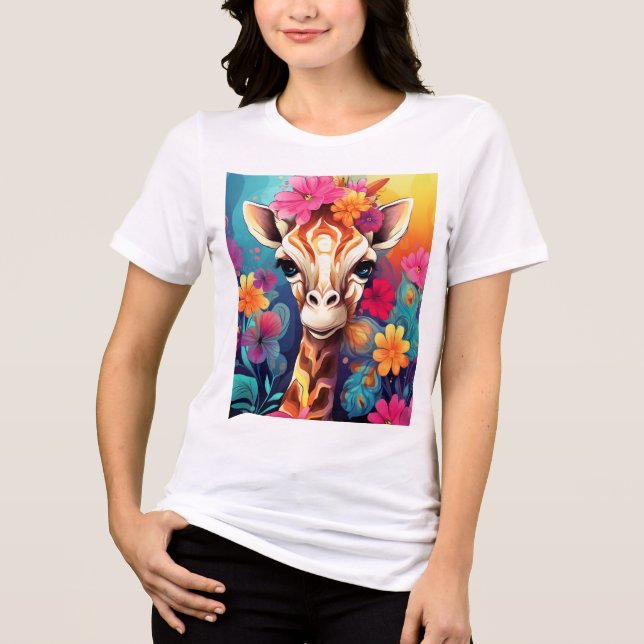 Blommigt Giraffe Porträtt-9320 T Shirt (Framsida)