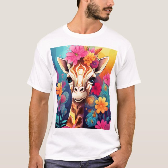 Blommigt Giraffe Porträtt-9320 T Shirt (Framsida)