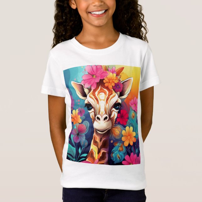 Blommigt Giraffe Porträtt-9320 T Shirt (Framsida)