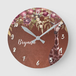 Blommigt Giraffe Rustic Brown Chic Personlig Rund Klocka