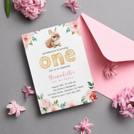 Blommigt Girl Baby Bunny 1:a födelsedagen Party Inbjudningar