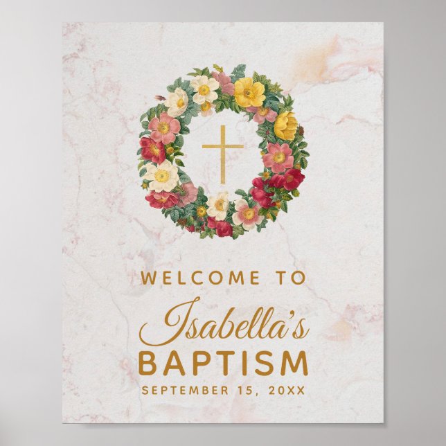 Blommigt Girl Baptism Guld Kor Ro, utandningsmarmo Poster (Framsidan)