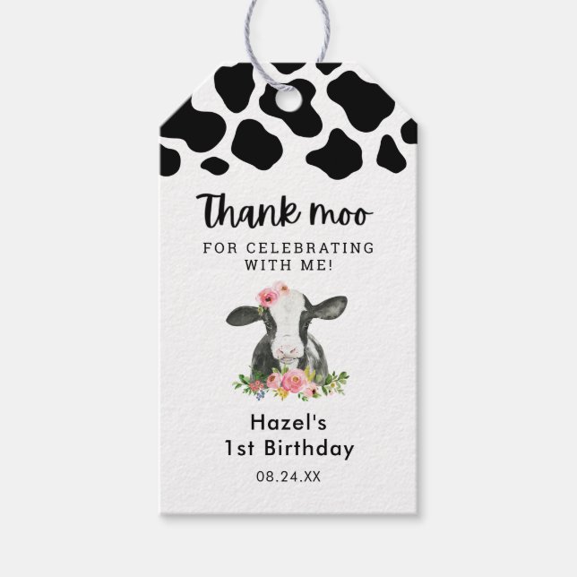 Blommigt Girl Cow Birthday Tack Moo Gift-Märkre Presentetikett (Framsidan)