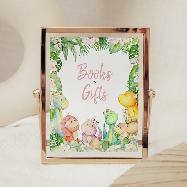 Blommigt Girl Dinosaur Baby Shower Bokar and Gifts Poster (Greenery Dinosaur Baby Shower Books and Gifts Sign)