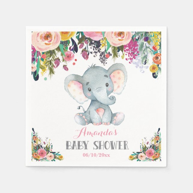 Blommigt Girl Elephant Baby Shower Rosa Napkins Pappersservett (Framsidan)