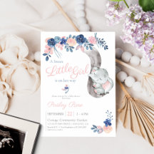 Blommigt Girl Elephant Navy Baby Shower