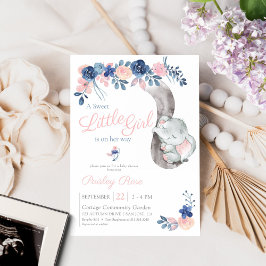 Blommigt Girl Elephant Navy  Baby Shower Inbjudningar