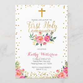 Blommigt Girl First Heliga Communion Call Inbjudningar