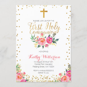 Blommigt Girl First Heliga Communion Call Inbjudningar