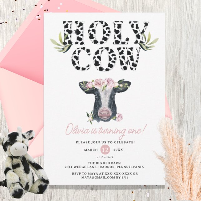Blommigt Girl Heliga Cow First Birthday Inbjudningar (Skapare uppladdad)