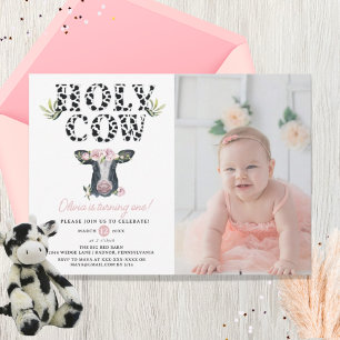 Blommigt Girl Heliga Cow Foto på födelsedagen Inbjudningar
