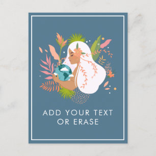 Blommigt Girl Holding Earth Dusty Blue Planet Natu Helg Vykort