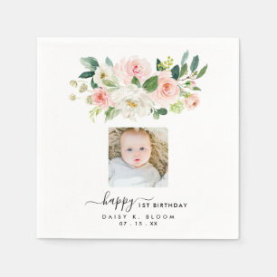 Blommigt Girl Photo First Birthday Pappersservett
