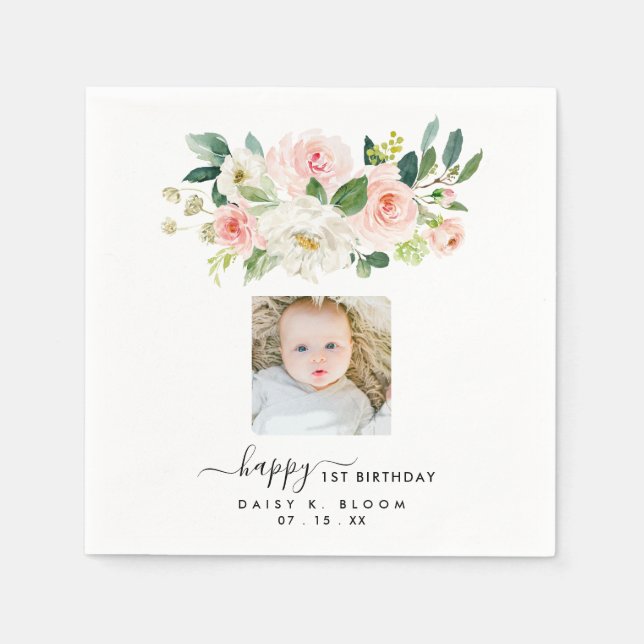 Blommigt Girl Photo First Birthday Pappersservett (Framsidan)