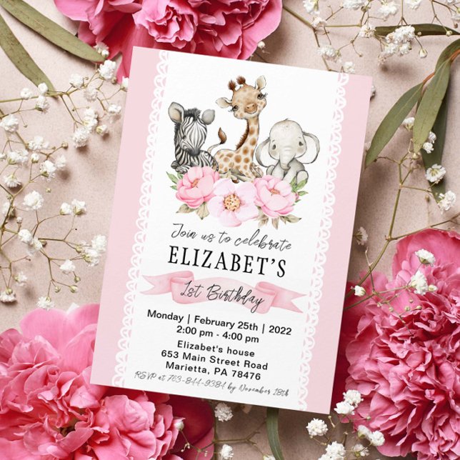 Blommigt Girl Safari Baby djur Birthday Inbjudningar (Skapare uppladdad)