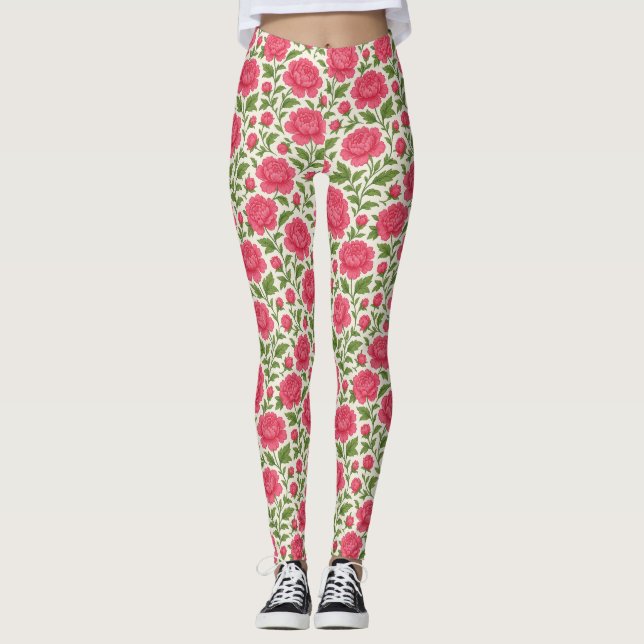 Blommigt Girly Lush Rosa Peonies Leggings (Framsida)