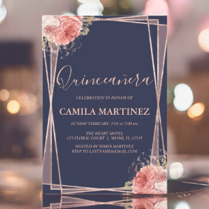 Blommigt Girly Ro Guld Blue Quinceanera Party Inbjudningar