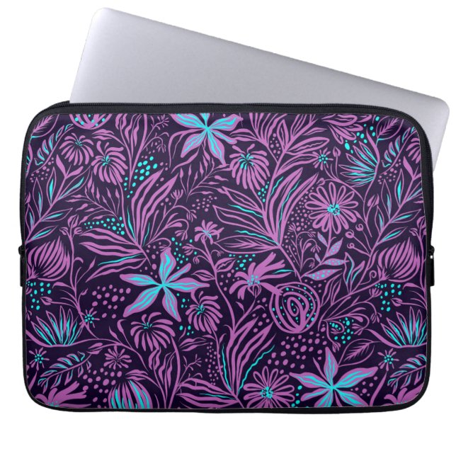 Blommigt Girly Rosa Lila Teal Black Mönster Laptop Fodral (Framsidan)