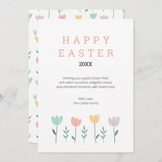 Blommigt Glad påsk Cute Modern Pastel Rosa Flower Julkort (Fram/baksida)