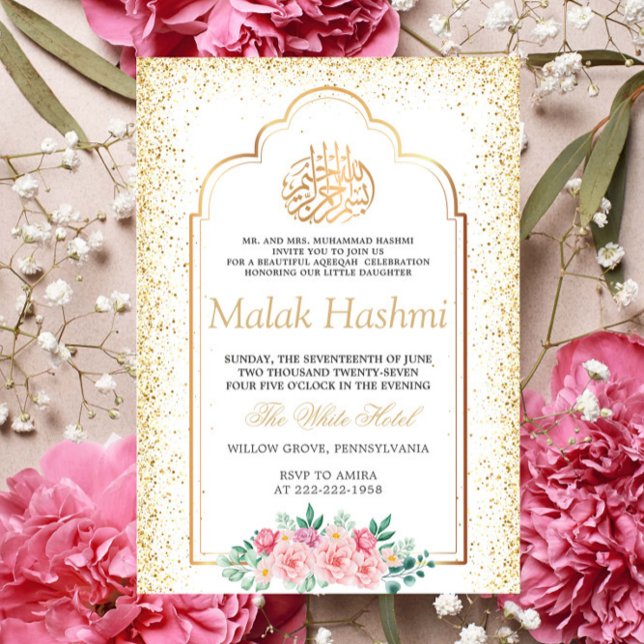 Blommigt: Gliter Guld Islamic Aqiqa Aqeeqa Inbjudningar (Skapare uppladdad)