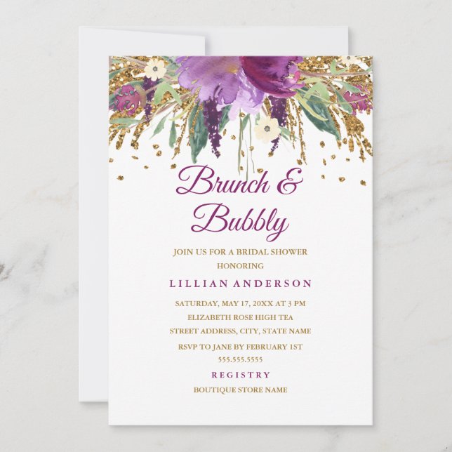Blommigt Glitter Amethyst Brunch och Bubly Inbjudningar (Framsida)