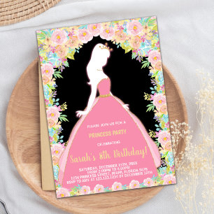 Blommigt Glitter Black Rosa Princess Birthday Inbjudningar
