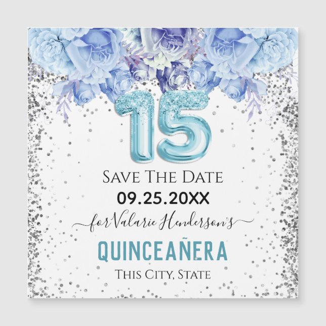 Blommigt Glitter Blue Quinceañera Spara datum (Framsida)