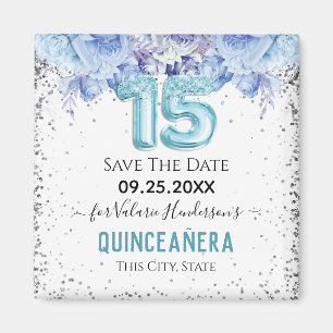 Blommigt Glitter Blue Quinceañera Spara datummagn Magnet