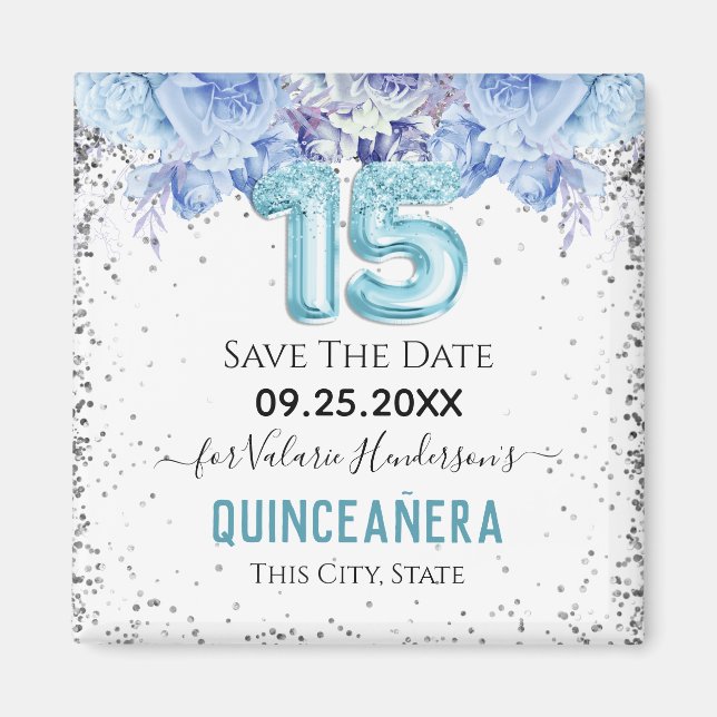 Blommigt Glitter Blue Quinceañera Spara datummagn Magnet (Framsidan)