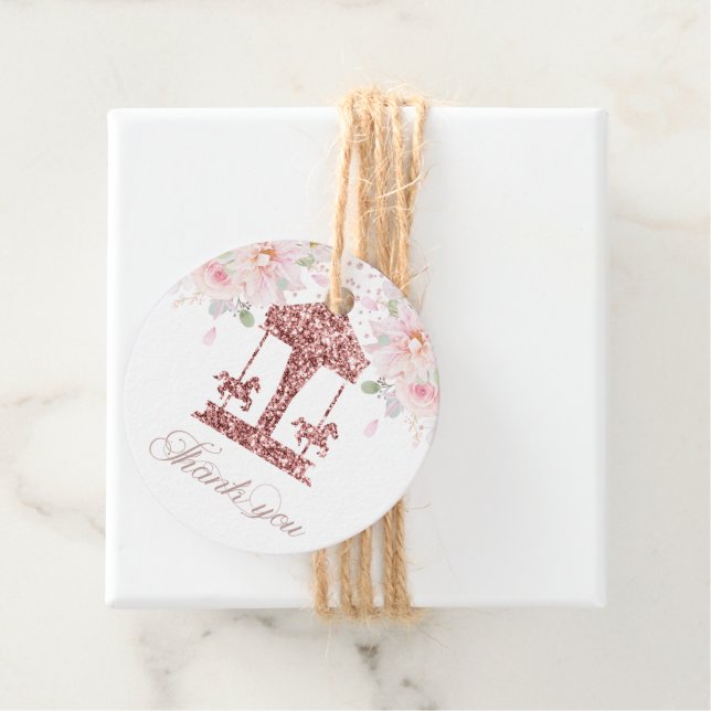 Blommigt Glitter Carousel Birthday Tack Gåvor Etiketter (På plats)