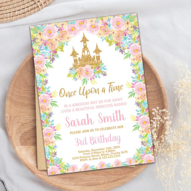 Blommigt Glitter Golden Princess Birthday bjudande Inbjudningar (Floral Glitter Golden Princess Birthday Invitation)