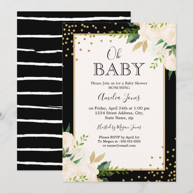 Blommigt Glitter Guld Black Rand Oh Baby Shower Inbjudningar (Fram/baksida)