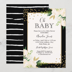 Blommigt Glitter Guld Black Rand Oh Baby Shower Inbjudningar