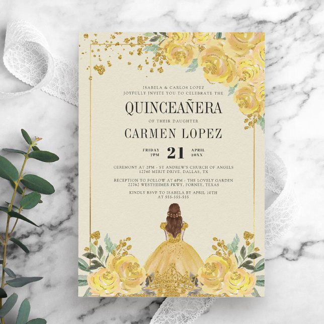 Blommigt Glitter Guld & Gult Princess Quinceanera Inbjudningar (Skapare uppladdad)