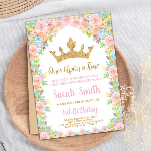 Blommigt Glitter Krona Princess Birthday bjudande Inbjudningar (Floral Glitter Crown Princess Birthday Invitation)