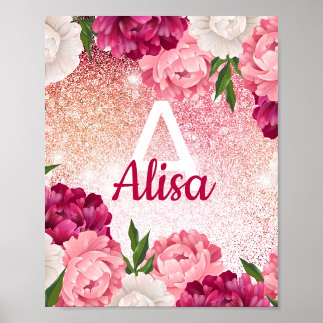 Blommigt Glitter monogramdesign Poster (Framsidan)