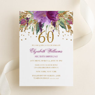 Blommigt Glitter mousserande Amethyst 60 Birthday Inbjudningar