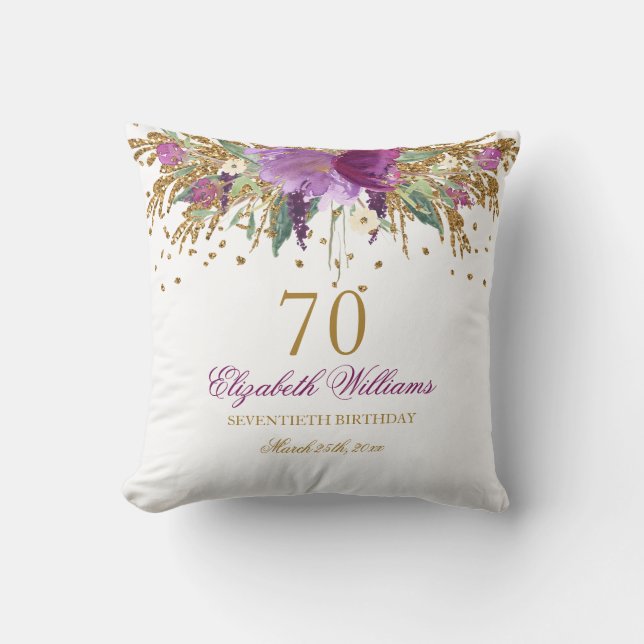 Blommigt Glitter mousserande Amethyst 70 Birthday Kudde (Framsida)