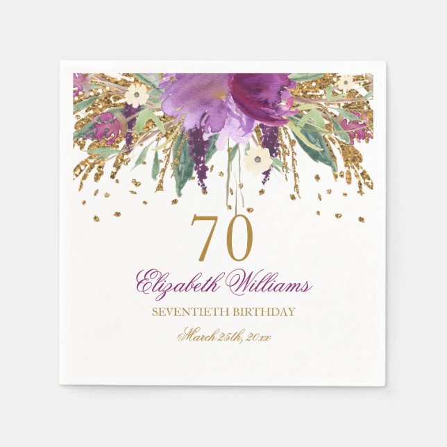 Blommigt Glitter mousserande Amethyst 70 Birthday Pappersservett (Framsidan)
