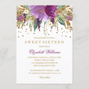 Blommigt Glitter mousserande Ametyst Sweet 16 Inbj Inbjudningar