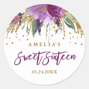 Blommigt Glitter mousserande Ametyst Sweet 16 Stic Runt Klistermärke