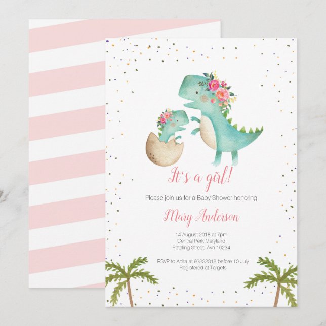 Blommigt Glitter Rosa Dinosaur Baby Shower Inbjudningar (Fram/baksida)