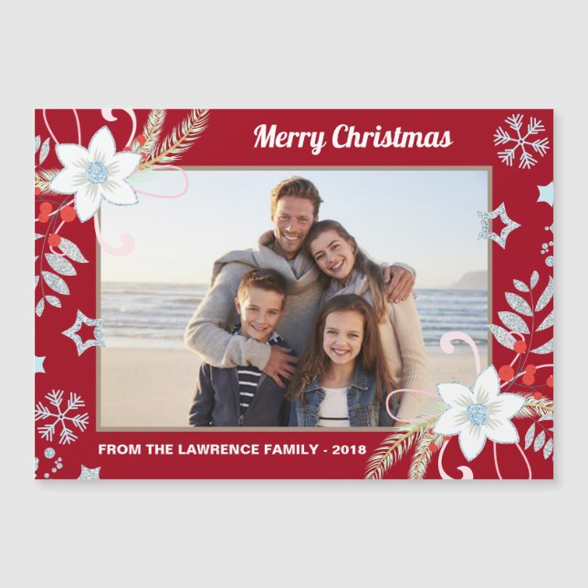Blommigt Glitter Snöflingor Red-julfoto (Framsida)